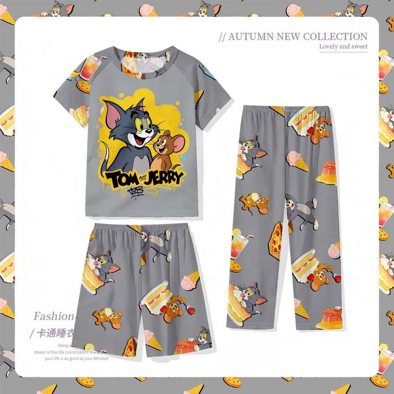 New Children's Pajamas Short Sleeve 3-Piece Set Boys Girls Kids Cartoon Print Southeast Asia Cross-Border Factory Direct