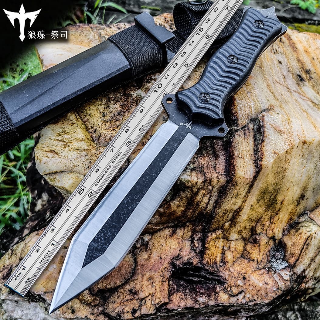 Shuang Leng Outdoor Pocket Knife with Ripple Anti-Slip Handle, Multi-Mounting Hole Hard Nylon Sheath, Camping Emergency Knife