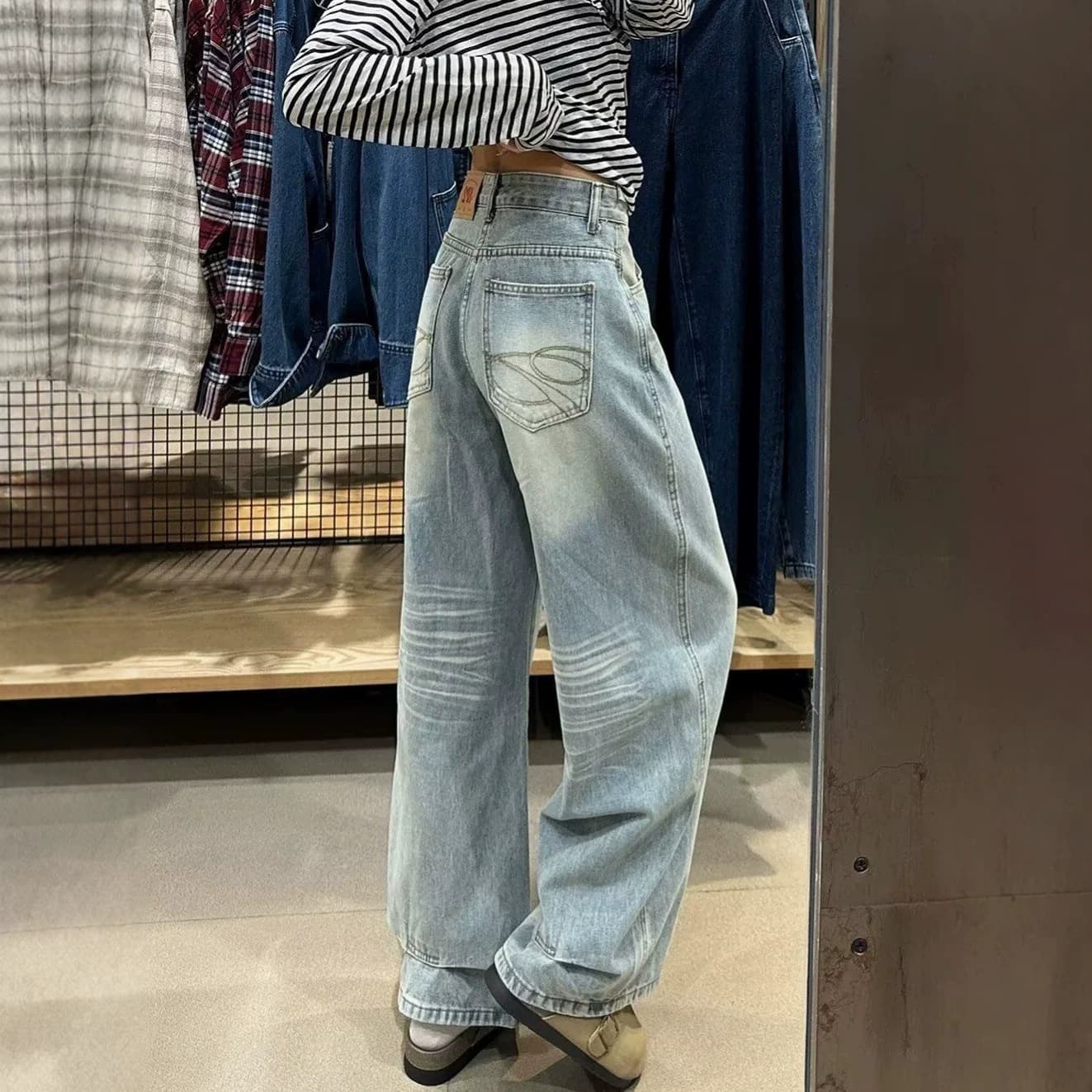 Retro blue embroidered scimitar wide-leg jeans for women high-waisted loose slimming wide-leg floor-length denim wide-leg pants for women