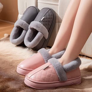 Factory waterproof heeled PU leather cotton shoes home thick soled warm winter anti-slip cotton slippers men women