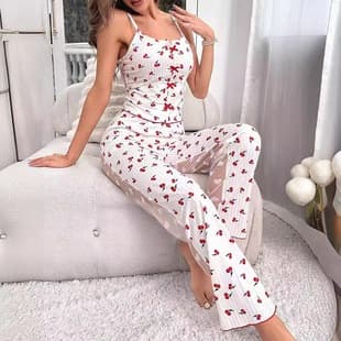 2024 New Homewear Printed Color Block Mesh Loungewear Front Slit Camisole Pajama Set 7001