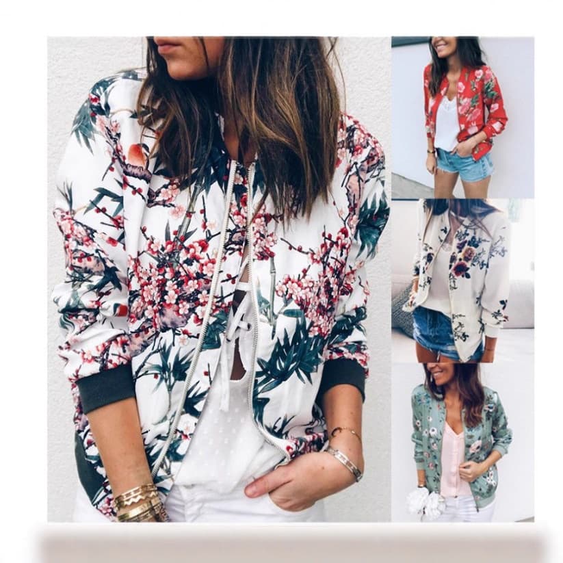 Wish New Autumn/Winter Fashion Printed Round Neck Zip Long Sleeve Jacket for Women, Versatile Trendy Short Style, In Stock