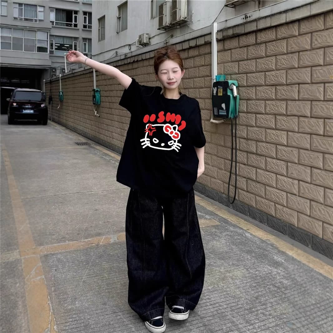 Kitty Cat Pure Cotton Black Short Sleeve T-Shirt Women's Summer 2026 New Design Sense Student Loose Half Sleeve Top