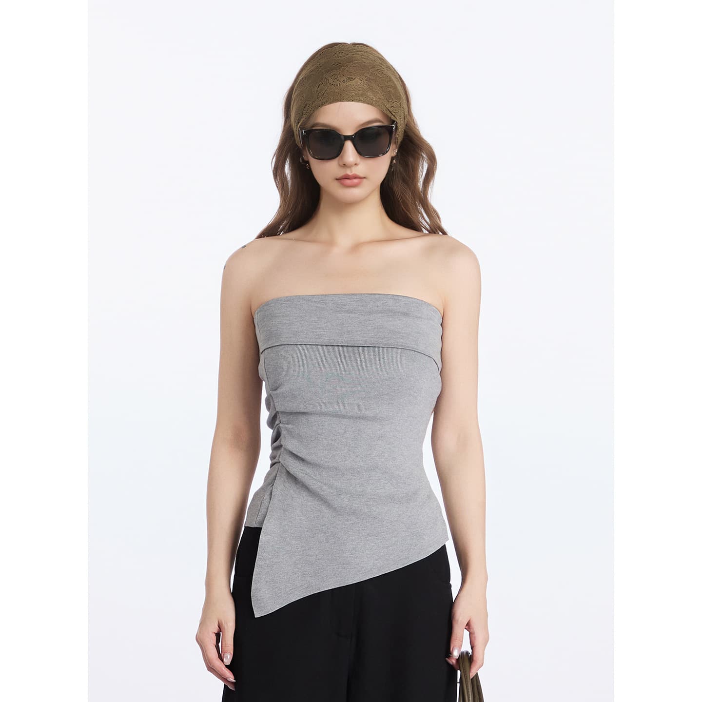 Women's One-Shoulder Ice Silk Knit Vest for Spring/Summer, High-Waisted Irregular Cut, Slimming Base Layer, Tube Top, Outerwear