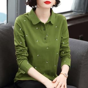 Polo Shirt Long Sleeve T-Shirt for Women Loose Plus Size Mom Spring 2032 New Slimming Top Base Layer