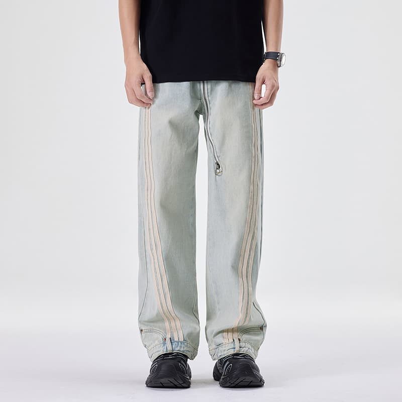 Bajia Jeans Men's Casual American Stitching Striped Trousers Loose Wide Leg Pants Heavy-weight Zipper Retro Straight Leg Pants