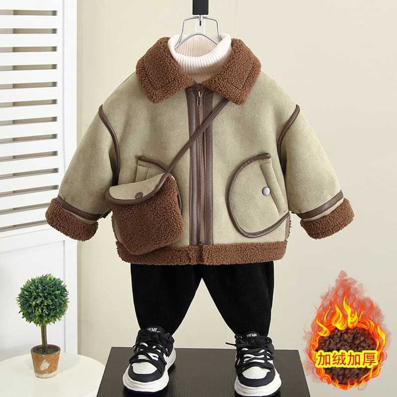 4592 Boys' Fleece-Lined Jacket, Autumn/Winter Style, 2025 New Arrival, Baby Winter Clothing, Fur-lined Wool Coat, Children's Clothing
