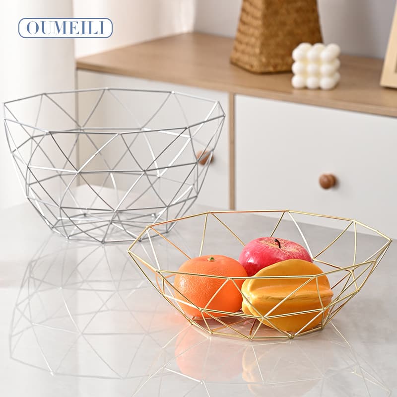 Triangular Hollow Fruit Basket, European-Style Household Gold Storage Organizer Rack, Drainable Desktop Fruit Basket