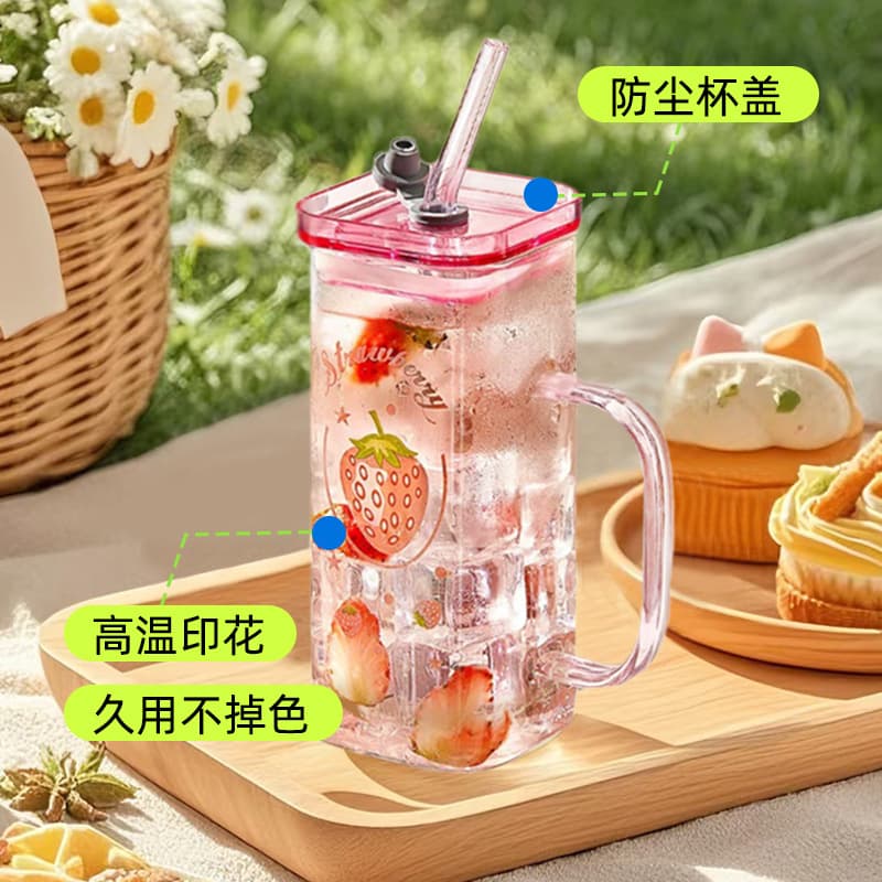 Borosilicate Glass Square Cup Glass Straw Juice Cup Color Handle Flower Tea Square Cup Heat-Resistant Glass Square Water Cup Wholesale