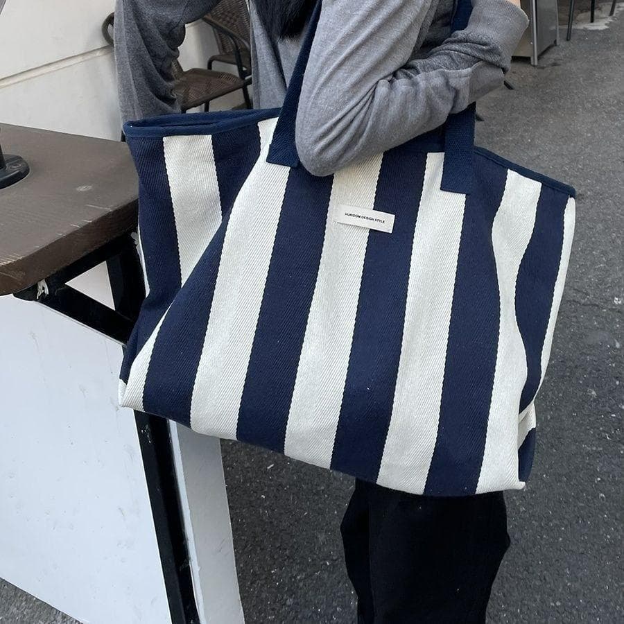 Korean New Niche Ruiying Shopping Bag Wide Striped Canvas Large Capacity Shoulder Tote Bag Versatile Handbag for Women