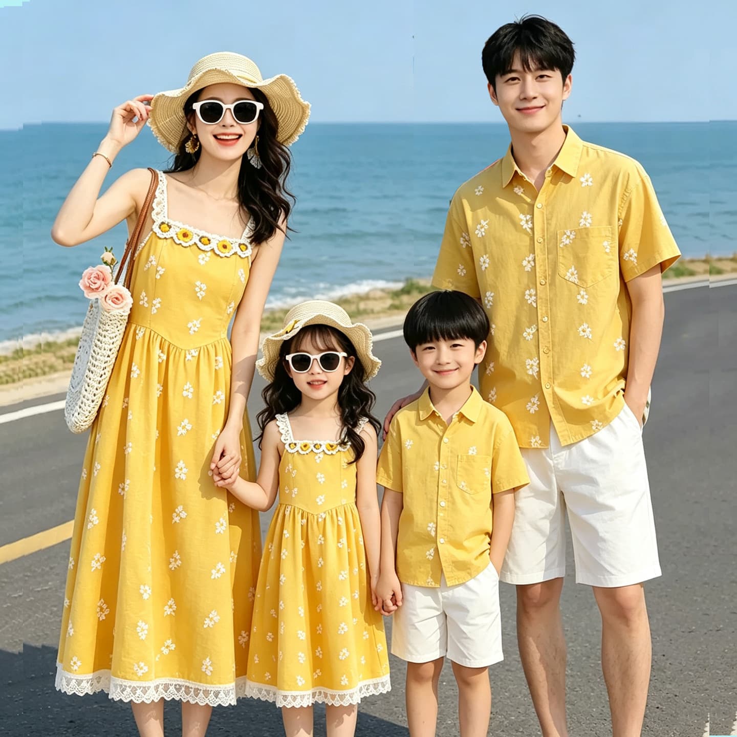Vacation Style Yellow Floral Family Matching Summer Shirt Set for 3-4 People, Beach Sandals and Mother-Daughter Dress
