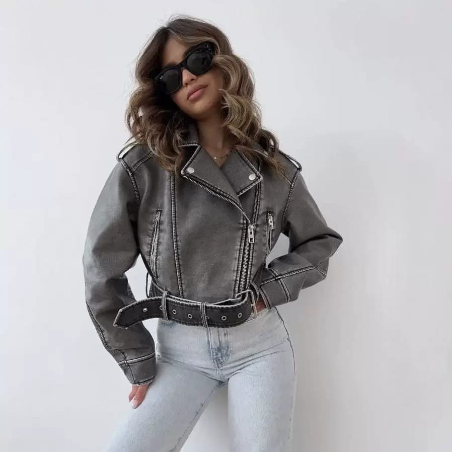 Retro leather jacket spring and autumn fashion European and American versatile leather jacket women's short jacket motorcycle jacket small coat gray
