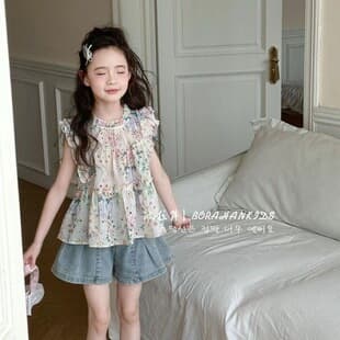 Girls' French Style Butterfly Sleeve Blouse Summer Kids Floral Top Sweet Short Sleeve for Toddlers