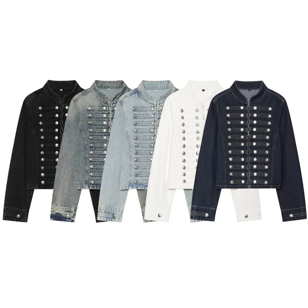Cross-border women's clothing 2026 European and American style fashion knotted button decorated stand collar denim long-sleeved jacket for women D526059