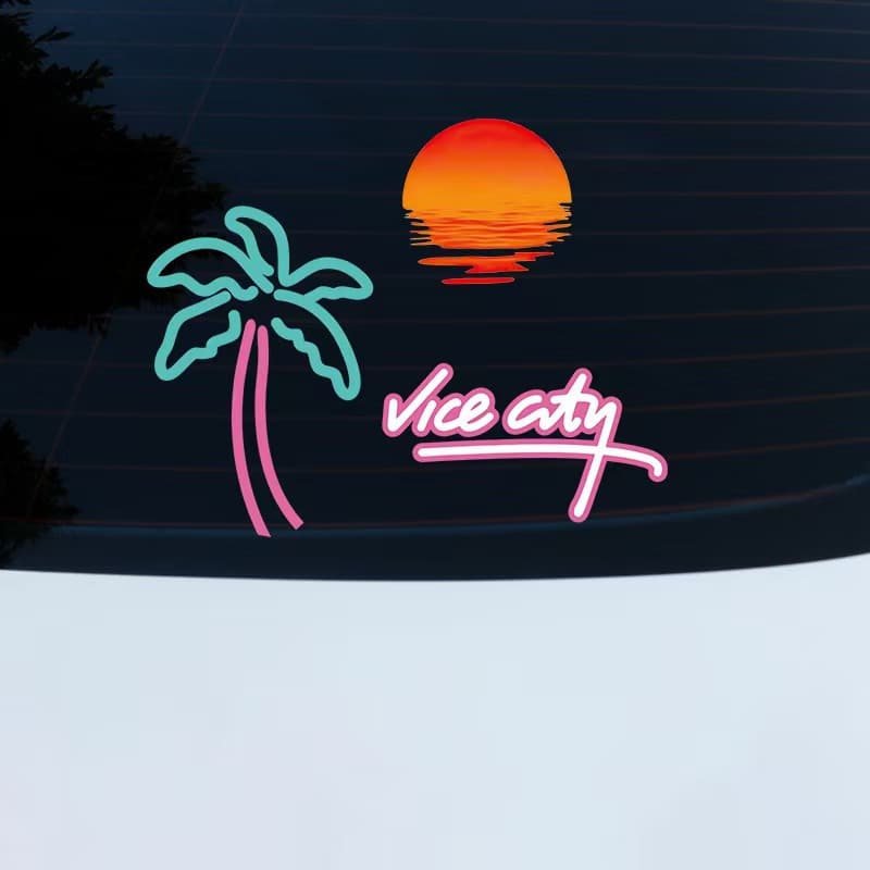 Car Neon Light GTA Palm Tree Decal Sunset Vaporwave Retro Nostalgic Triangle Window Motorcycle Sticker