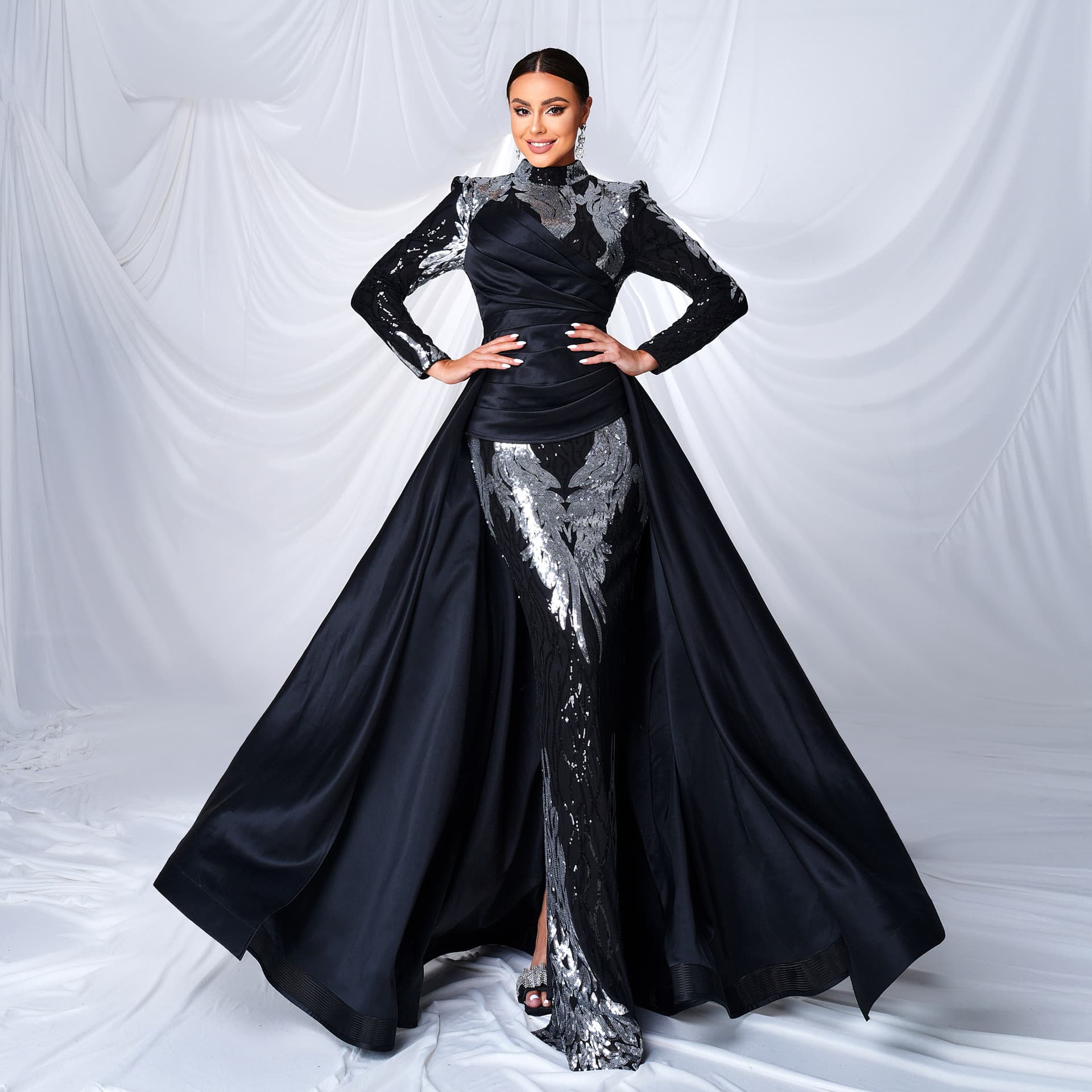 Cross-border European and American High-end Long-sleeve Elegant Round Neck Long Sequin Mermaid Evening Gown Bridesmaid Dress for Women
