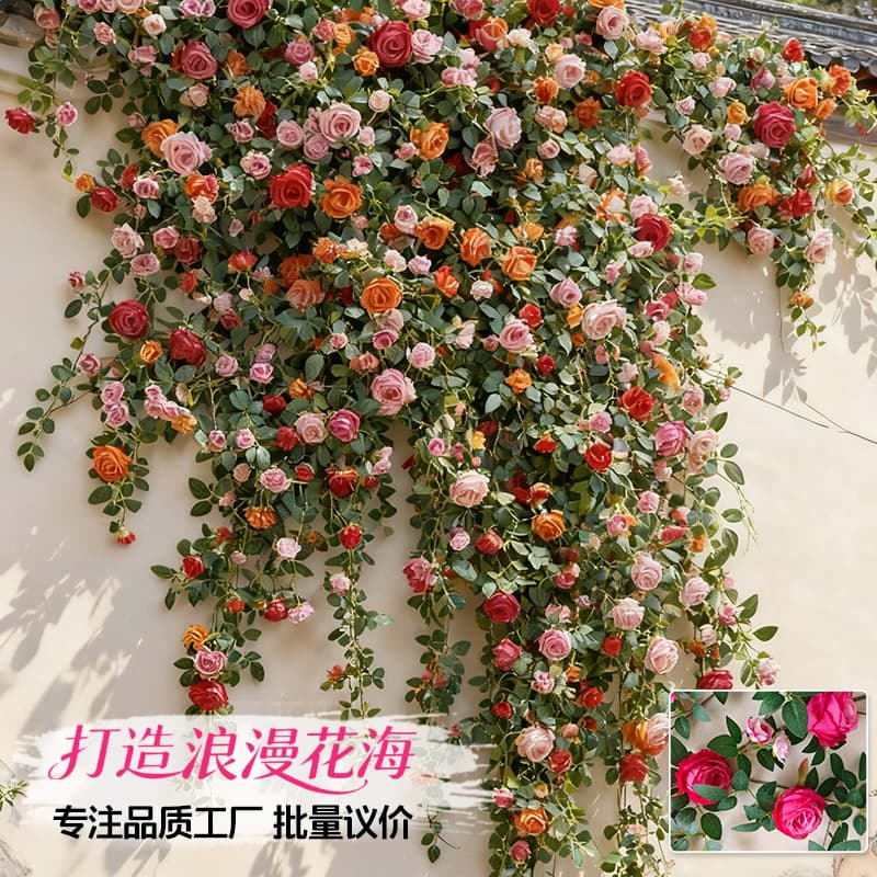 Simulated rose peony rattan rose door head decoration shopping mall landscaping internet celebrity check-in waterfall background wall-mounted