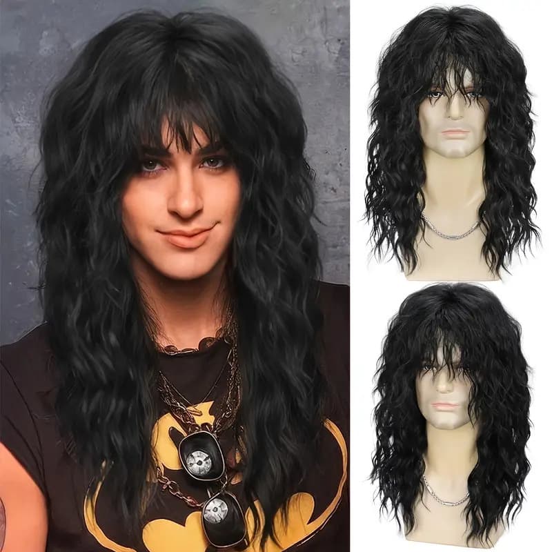 Amazon European and American Men's Dark Brown Long Curly Hair 80s Punk Rock Halloween Cosplay Wig Headgear