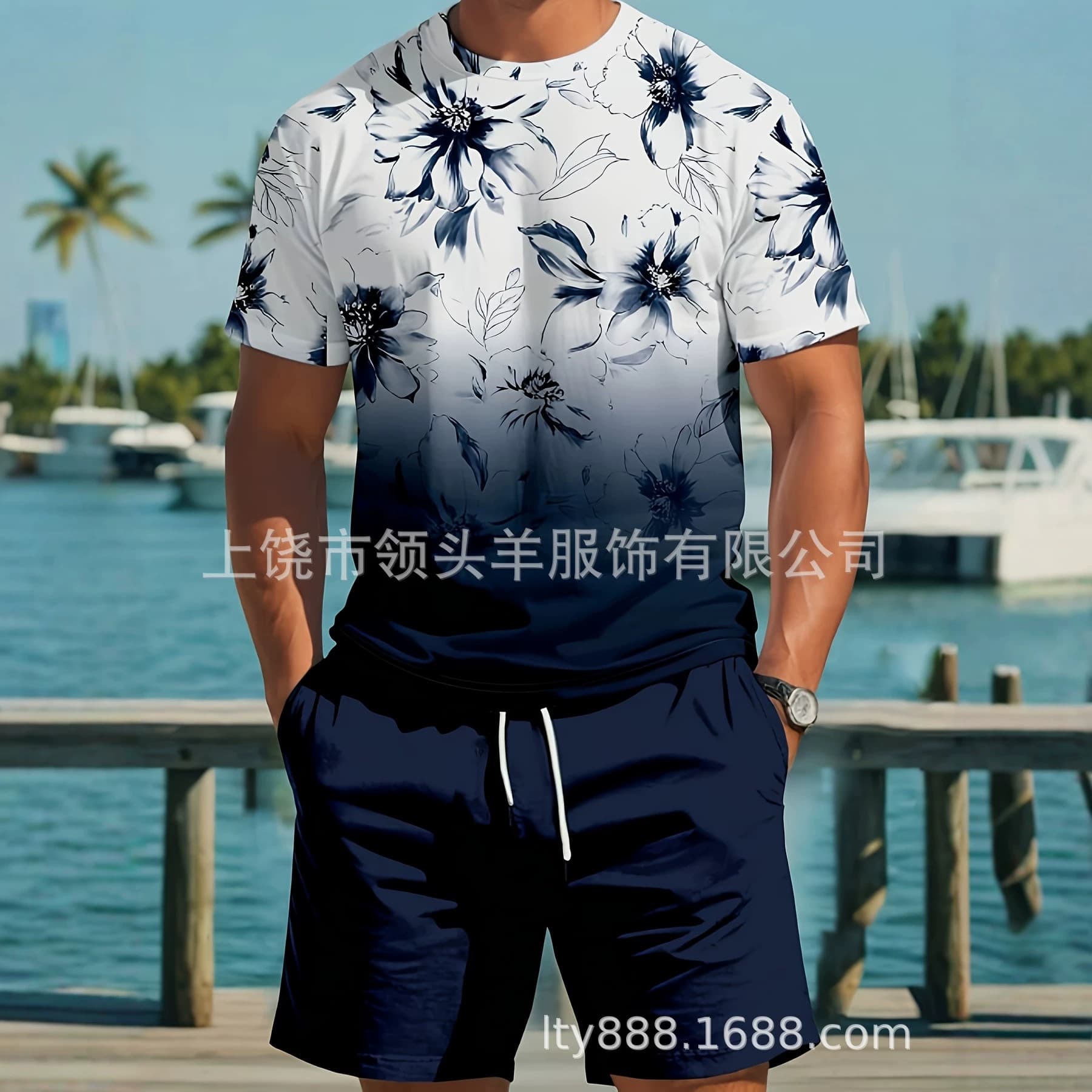 Cross-border Blue and White Ink Floral Gradient Men's Set Casual Beach Short Sleeve and Shorts Wholesale