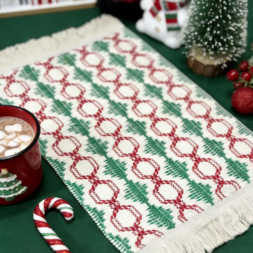 Red and green contrast tassel fabric placemat insulation mat New Year and Spring Festival color block weaving home decorative table mat Western place mat
