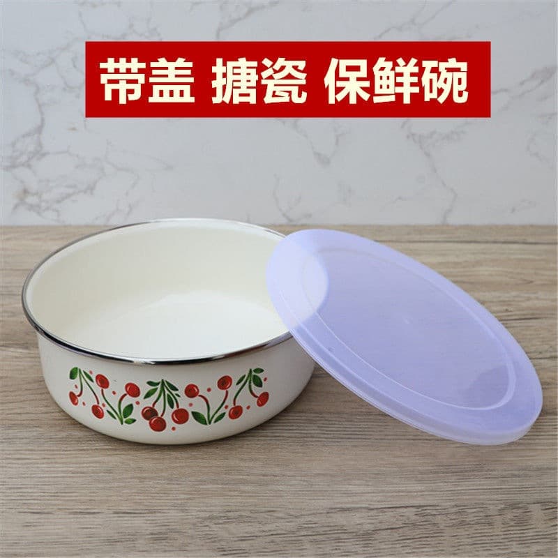 Enamel bowl, sealed bowl box with lid, household ice bowl, salad fruit lunch box, flat bottom fresh-keeping bowl, instant noodle bowl