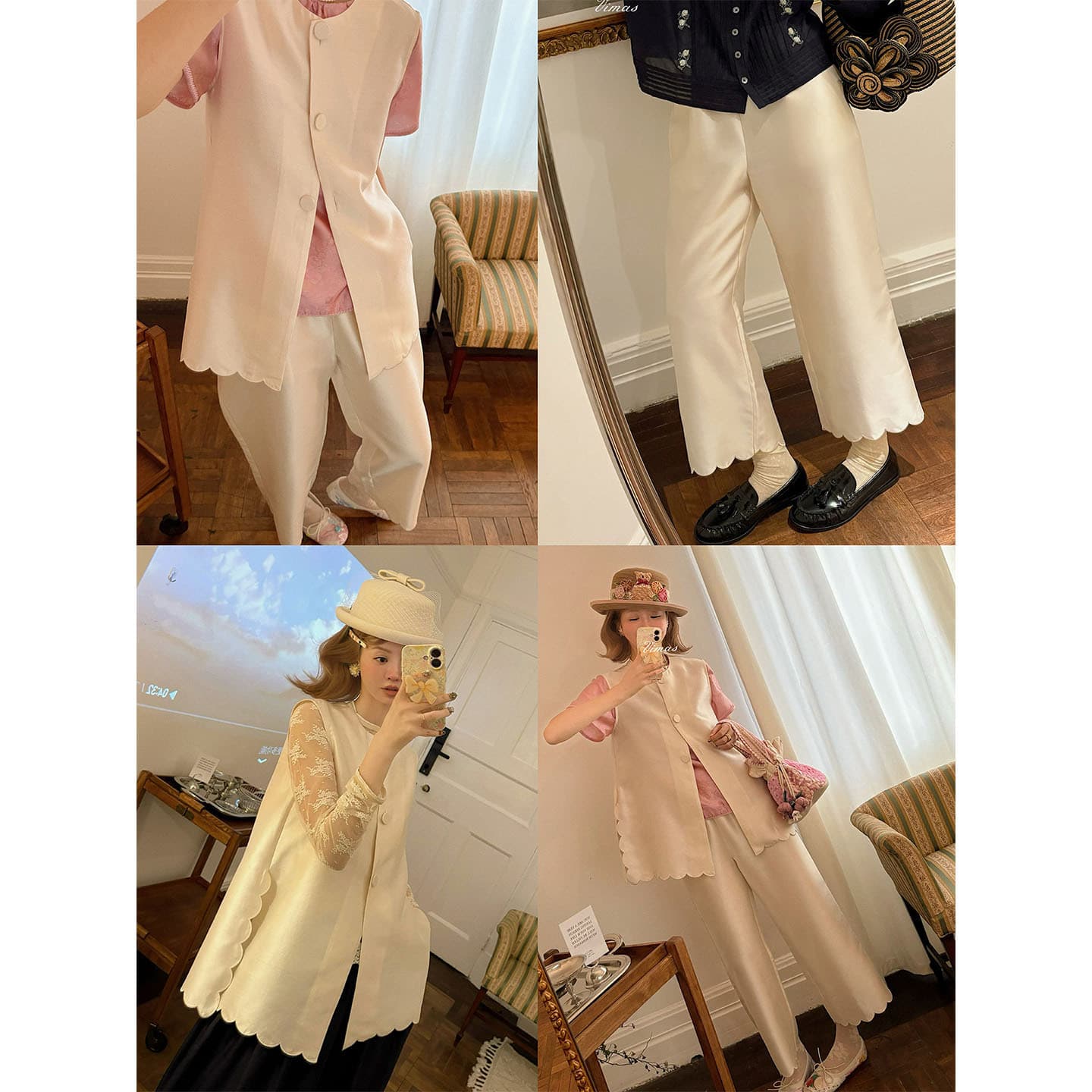 Shenzhen Nanyou Fashion Wool Series Premium Pearl Color Wave Small Petal Blouse + Pants Set for Women