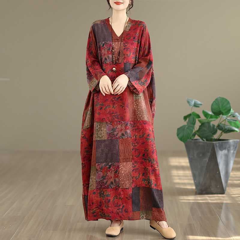Actual photo 2025 early spring new floral vacation style V-neck vintage long dress flattering cotton linen dress