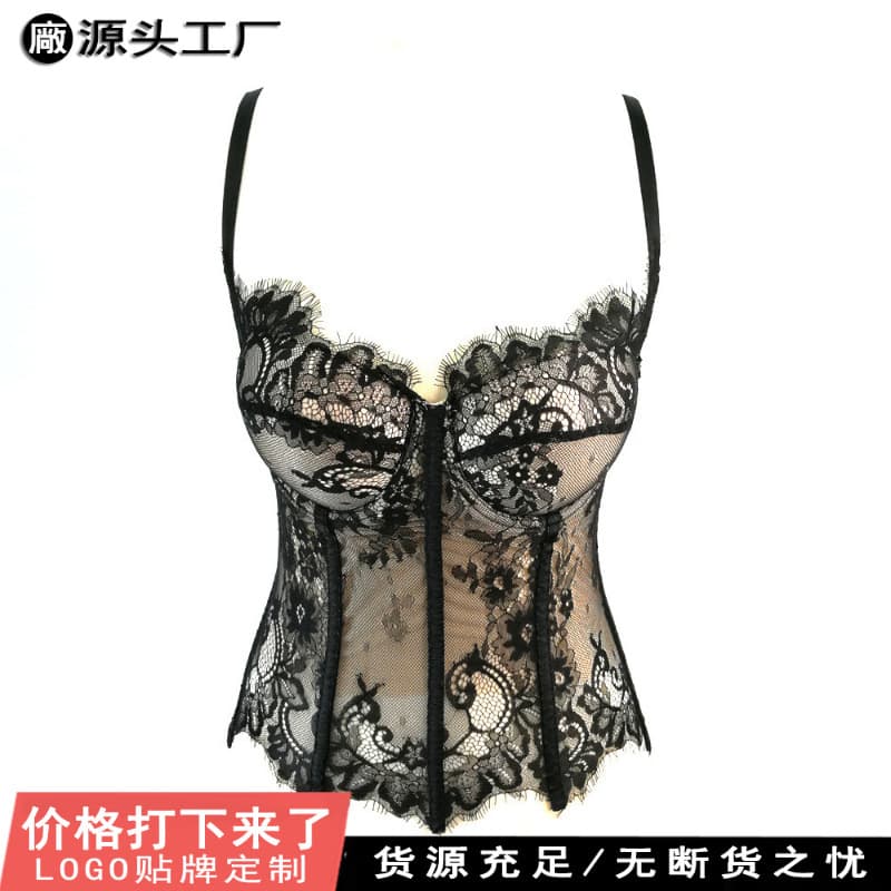 Black Underwear Lace Sexy Hollowed-out Corset Pure Desire Tight Strappy Shaping Outerwear with Padded Bustier Women