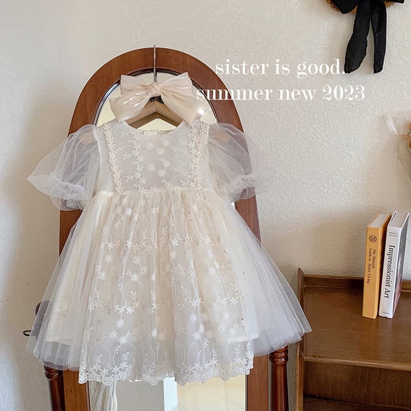 Blue Town Dress Girls Puff Sleeve Puff Mesh Skirt 2026 Summer New Sweet Baby Princess Dress