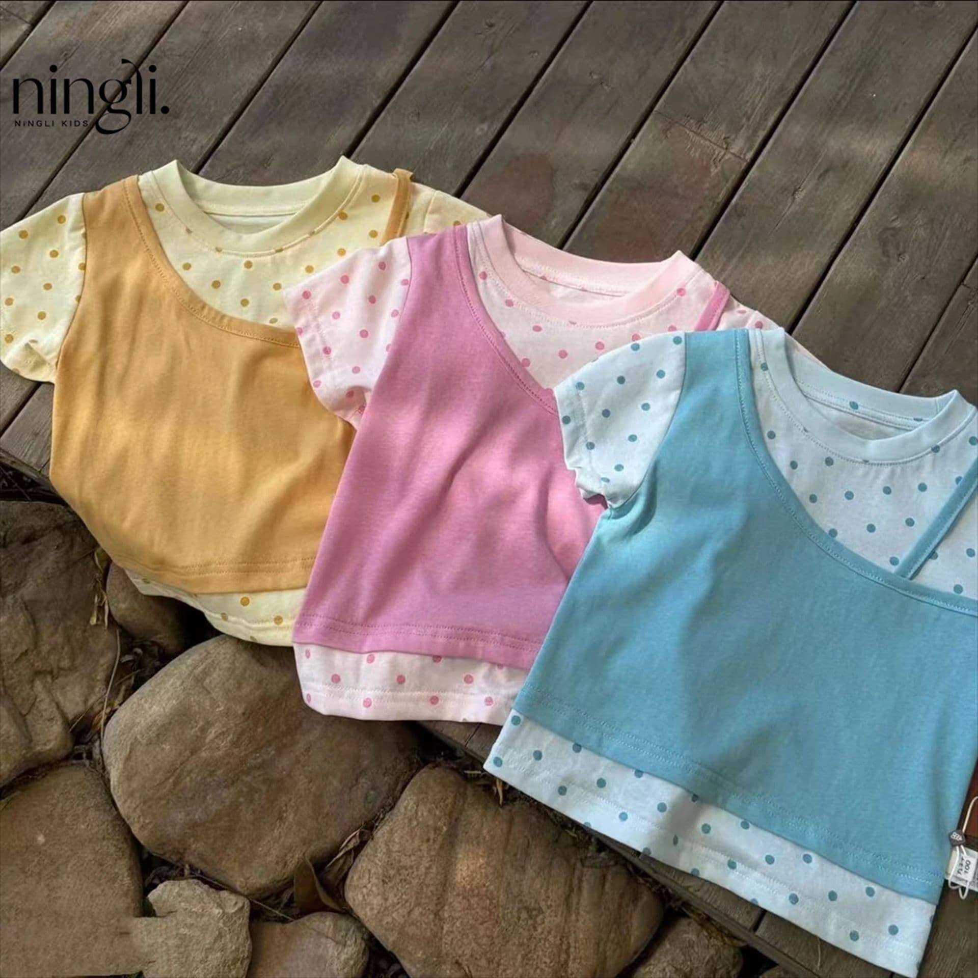 Ningli short-sleeved summer polka dot fake two-piece T-shirt for baby girl dopamine fashion round neck half-sleeved top cotton t cross-border