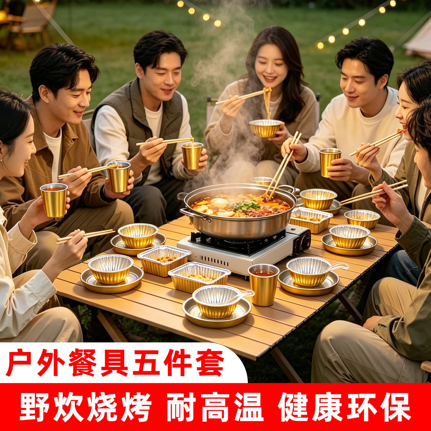 Outdoor disposable tableware set for picnic, barbecue and camping, high temperature resistant bowls, plates, chopsticks, spoons and cups, complete set of 5/10 servings