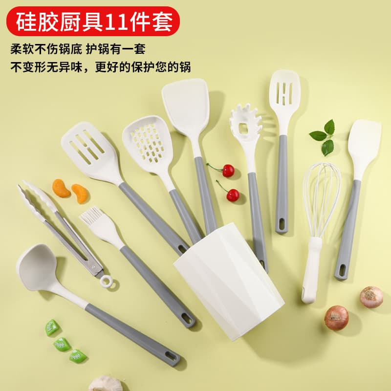 Pp Flat Handle Silicone Kitchen Utensils 11-Piece Set Silicone Spatula and Soup Spoon with Storage Bucket Cooking Spatula and Spoon Set Non-Stick Spatula