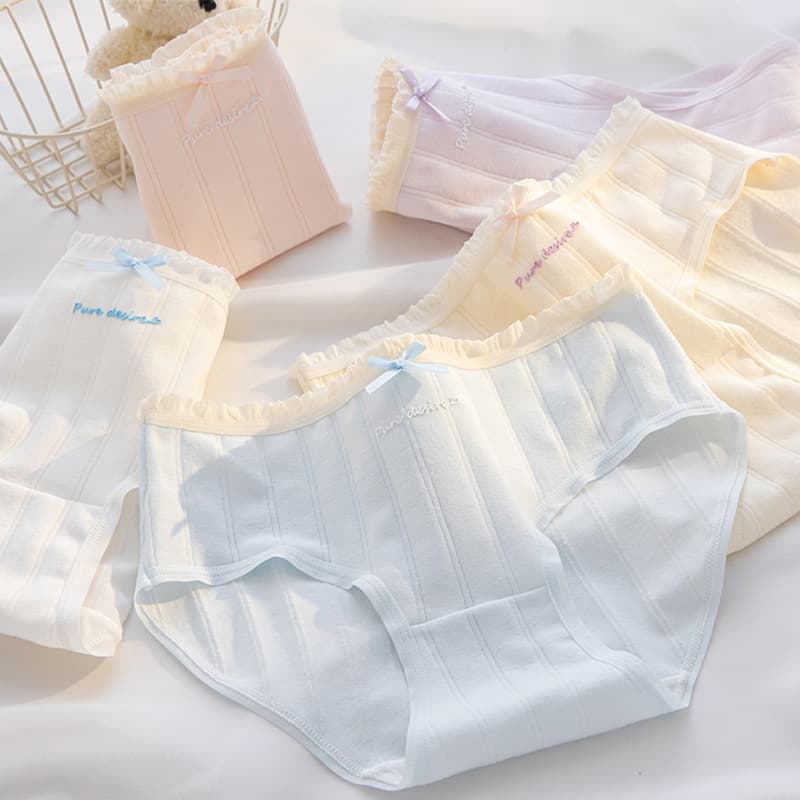 Women's Pure Cotton 7A Antibacterial Crotch Underwear Sweet Bow Cute Solid Color Triangle Shorts for Girls and Students