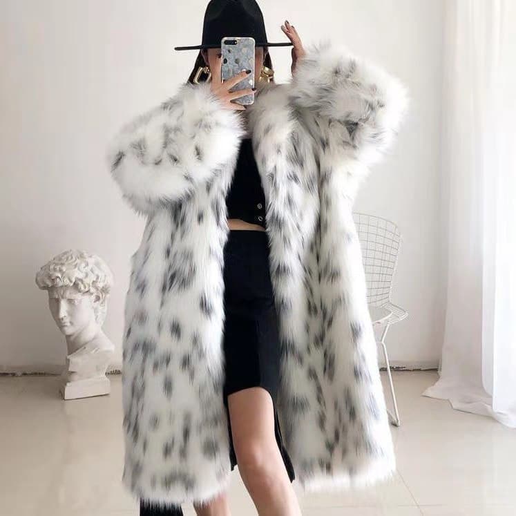 Cross-border European and American Fur Coat Wholesale Lynx Leopard Print Fur Coat Women's Long Style Young Turn-down Collar Fox Fur Coat