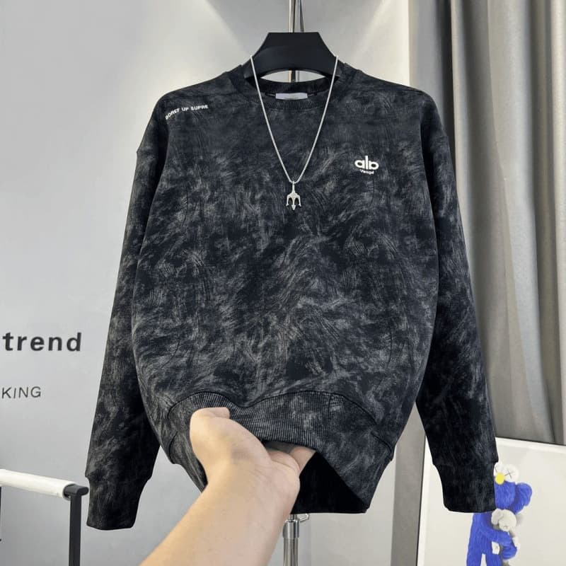 New Autumn Embroidered Sweatshirt for Men, Simple Tie-Dye Top, Round Neck Slim Fit Casual Long-Sleeve Tee