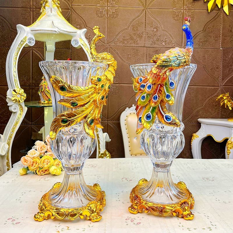 European-style Peacock Vase Home Soft Decoration Crystal Glass Vase Gold-plated High-end Living Room Entrance Ornament Luxury