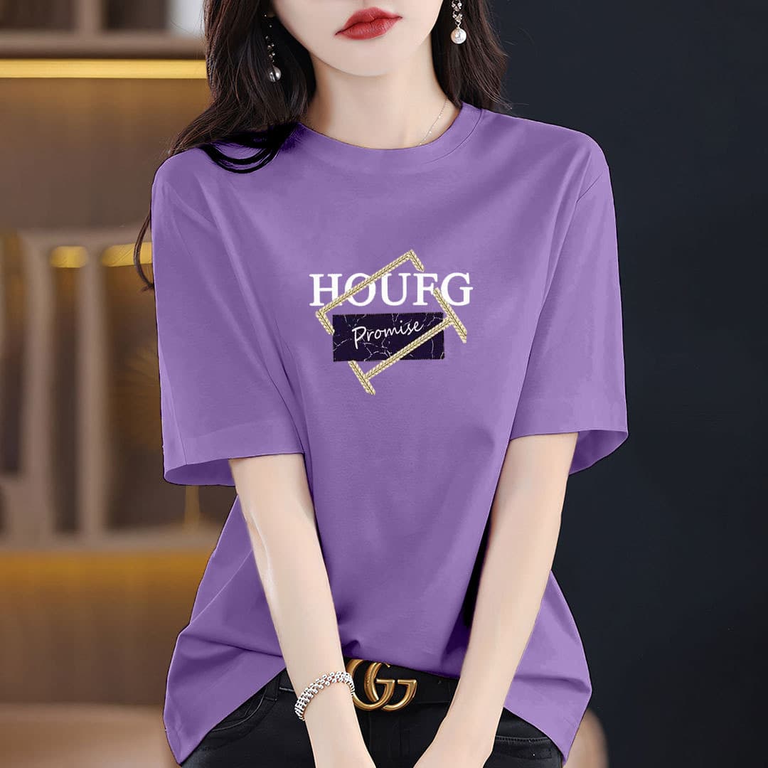 Purple short-sleeved shirt for women 100% cotton 2026 new spring and summer loose large size bottoming shirt to cover belly and look slimming top