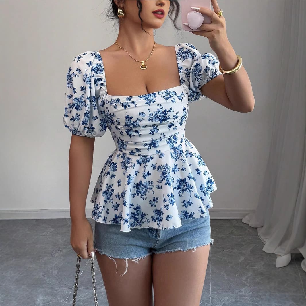 European and American cross-border women's clothing 2025 new women's fashion casual puff sleeve floral print square neck short-sleeved shirt
