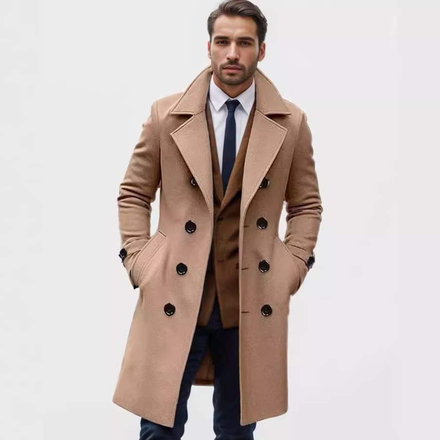 2024 Autumn/Winter Cross-Border Long Double-Breasted Men's Wool Coat Slim Fit European Size Simple Suit Style
