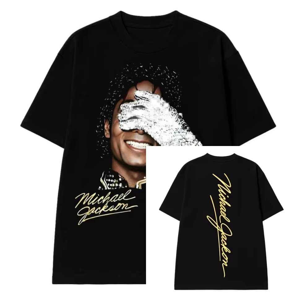 Michael Jackson Portrait & Signature T-Shirt Cotton Graphic Tee Men's Clothing