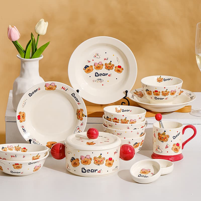 Ceramic Tableware suit Household Dish Rice Bowl Cartoon Plate Soup Bowl with Lid Noodle Bowl Water Cup Women's High Color Value Gift