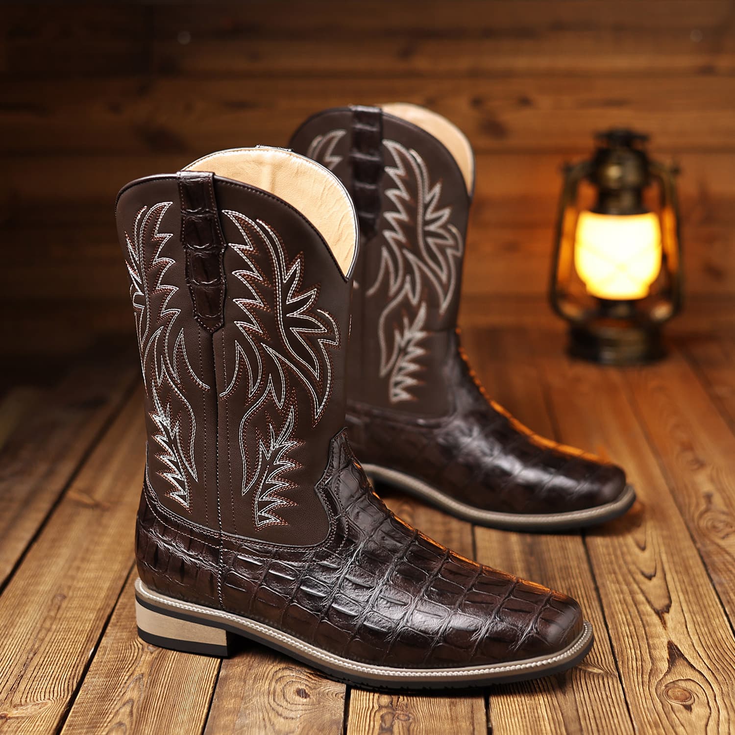 Xinao Shoes 9704 Retro Long Boots Cowboy Boots Men's Style Imitation Caiman Crocodile Leather Western Broad Toe Boots