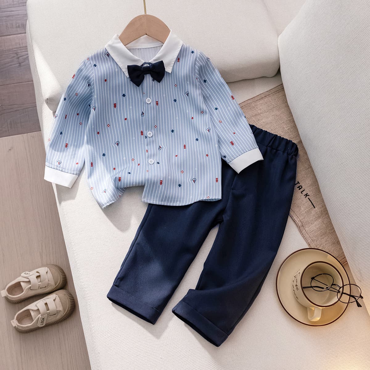 2026 New Baby Cartoon Print Long-Sleeve Shirt and Pants Bow Tie Set Baby Boy Outfit Romper