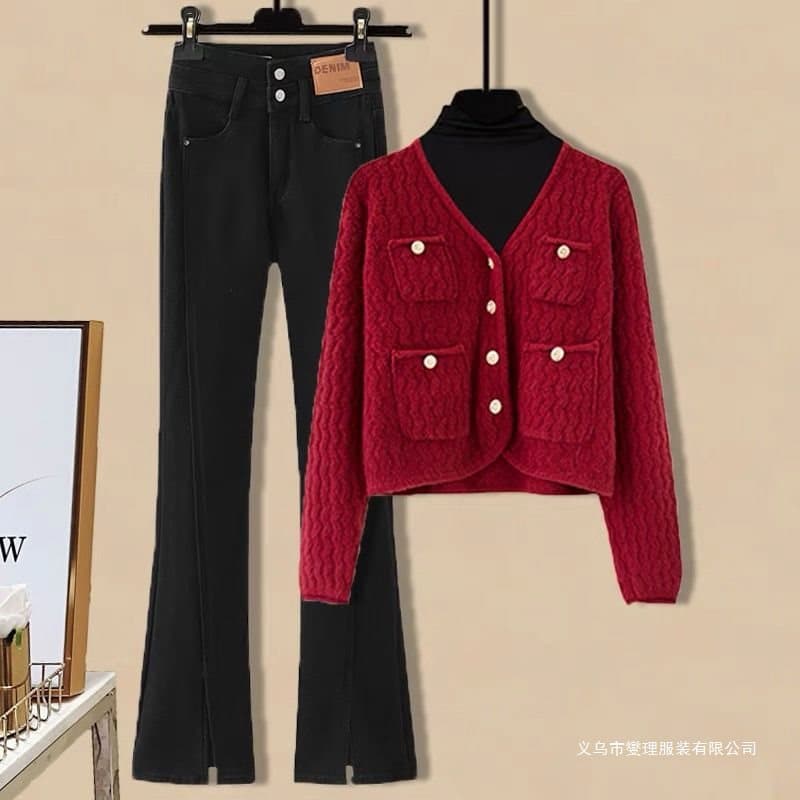 Women's Autumn/Winter Three-Piece Set: Thick Sweater, Versatile Base Layer, Slimming Slit Jeans