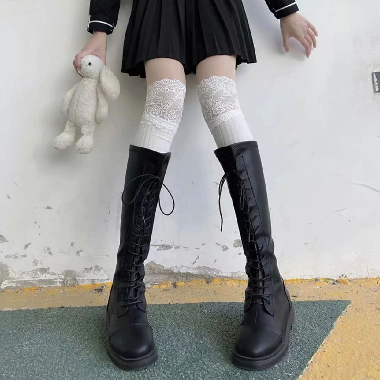 Lace Over-the-Knee Stockings Autumn/Winter Pure Style Socks White Leg Beauty Japanese Internet Celebrity JK Black and White Pattern