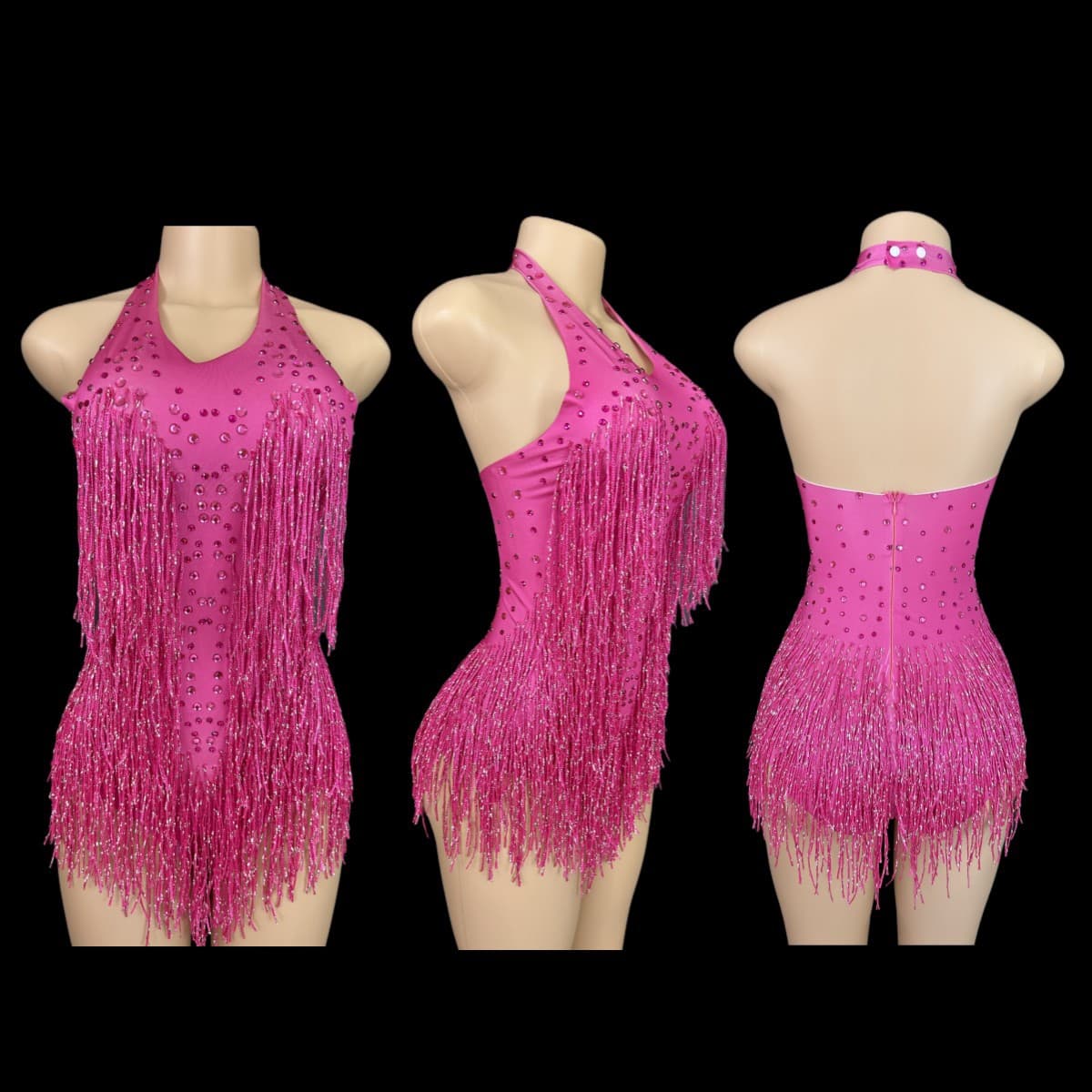STOCK Amazon Hot Selling Halter Neck Tassel Rhinestone Sleeveless Halter Neck Bodysuit Dance Performance Costume Latin Dance