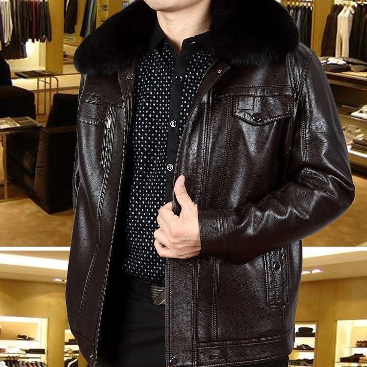 New Winter Men's Leather Jacket with Lapel and Fur Collar, Casual Plus Velvet Leather Coat for Middle-Aged Men