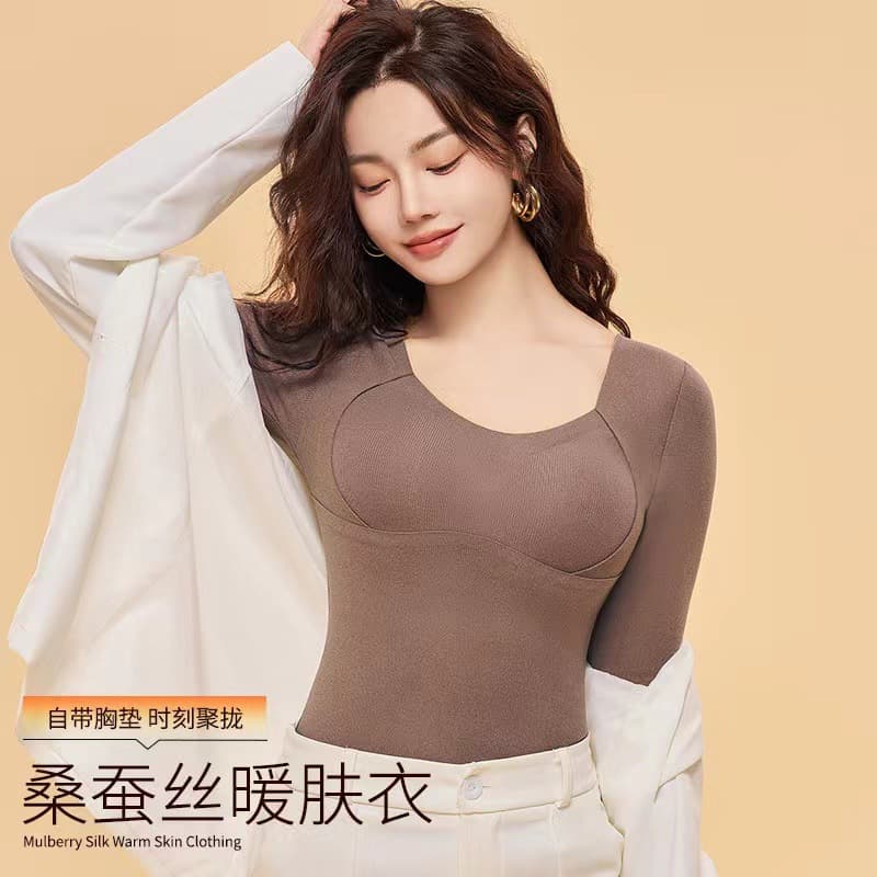 Autumn and winter mulberry silk cashmere warm and thick thermal underwear with fleece lining, fixed cups, and heat generation; suitable for wearing as outerwear or innerwear; long-sleeved tops.
