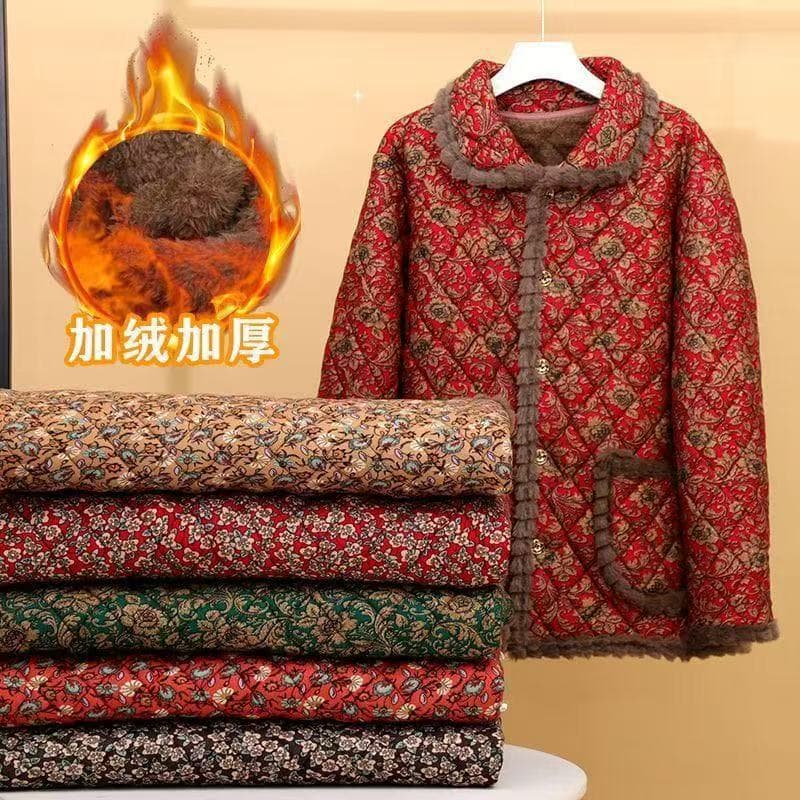 Middle-Aged and Elderly Mother's Winter Fleece-Lined Thickened Lapel Cotton Coat, New Grandma Outfit Plus Size Loose Short Floral Cotton Jacket