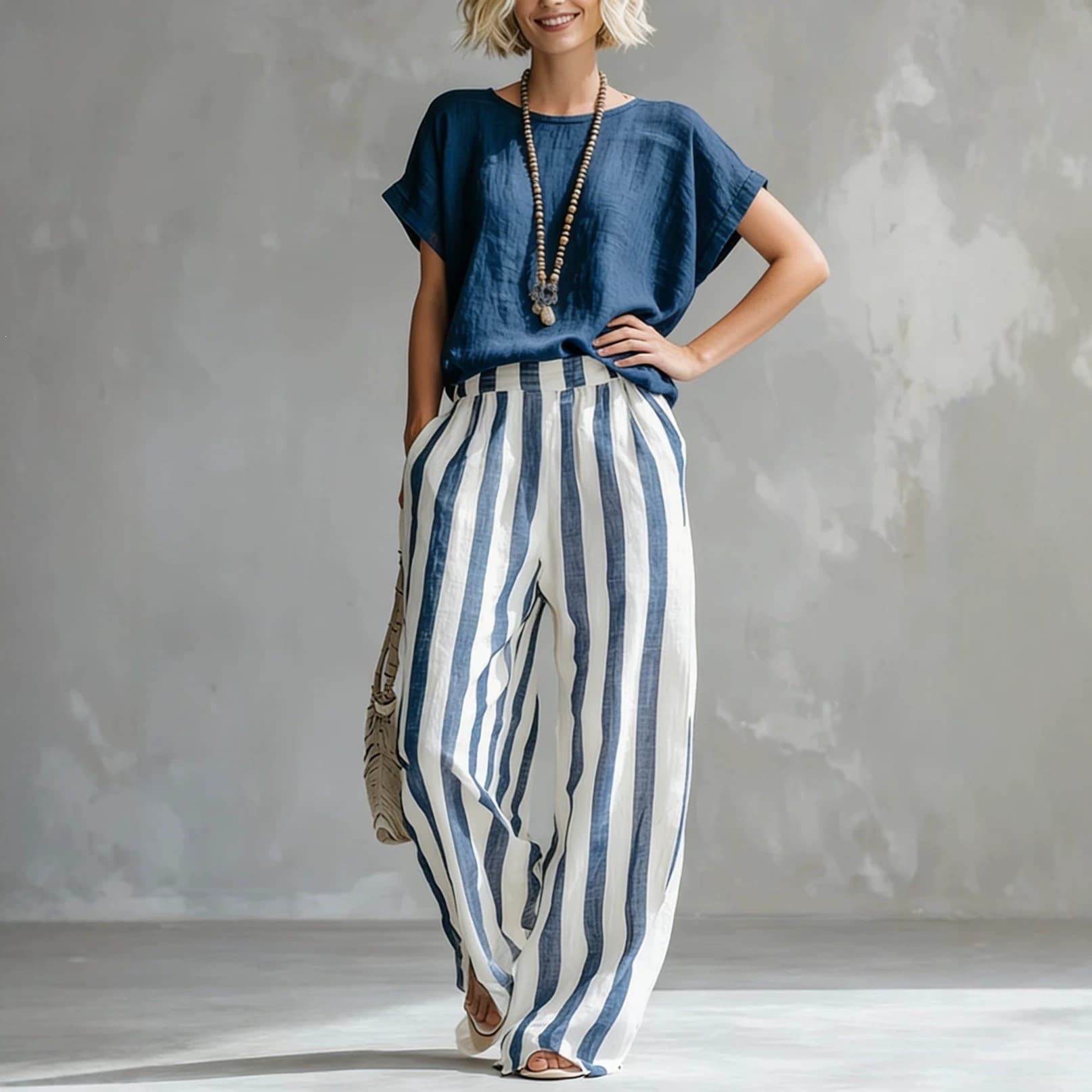 Europe and America 2026 Pants Amazon Casual Tops Straight Leg Women's Set Round Neck Cross-border Independent Station Stripes